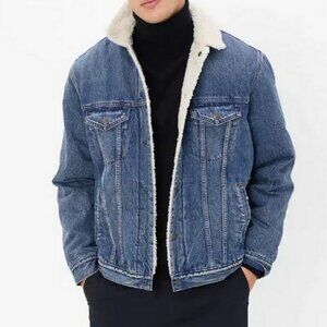 GAP TALL "Oversized Icon" Denim Sherpa Trucker Jacket in Medium Indigo